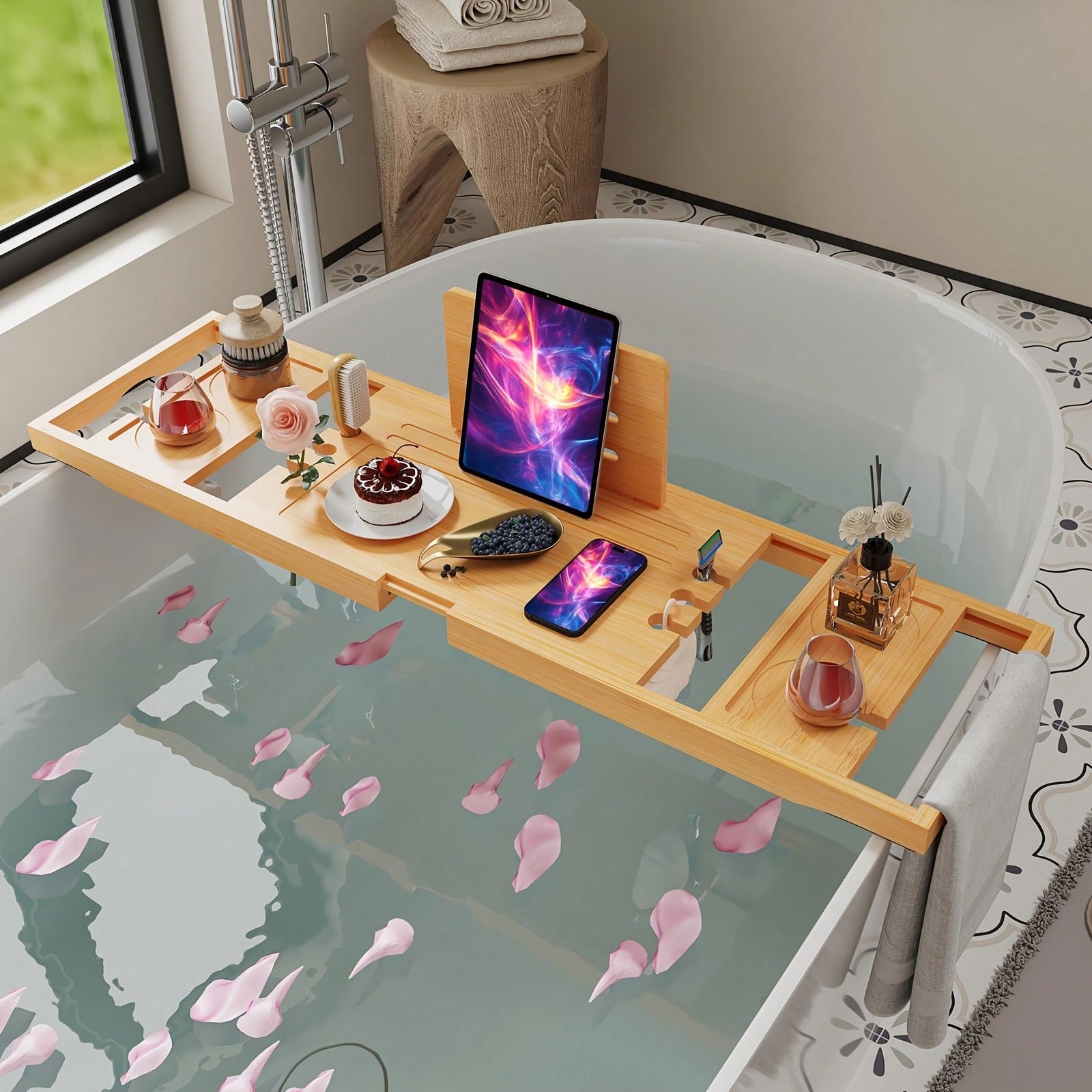 Bandeja de bambú para bañera,  - Home Essentials Bathroom Organizer reseña y precio